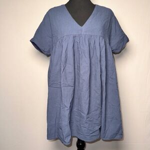 Story Blue V-Neck Babydoll Mini Dress Short Sleeve Empire Waist Womens Size S